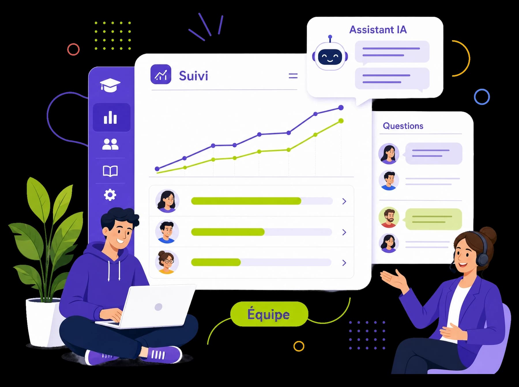 Apprenants suivis et accompagnés : tableau de bord de progression, forum de questions, assistant IA et équipe pédagogique qui répondent