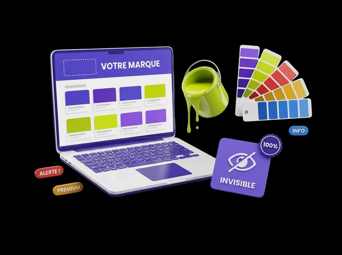 Laptop avec plateforme personnalisable, pot de peinture, palette de couleurs, badge INVISIBLE