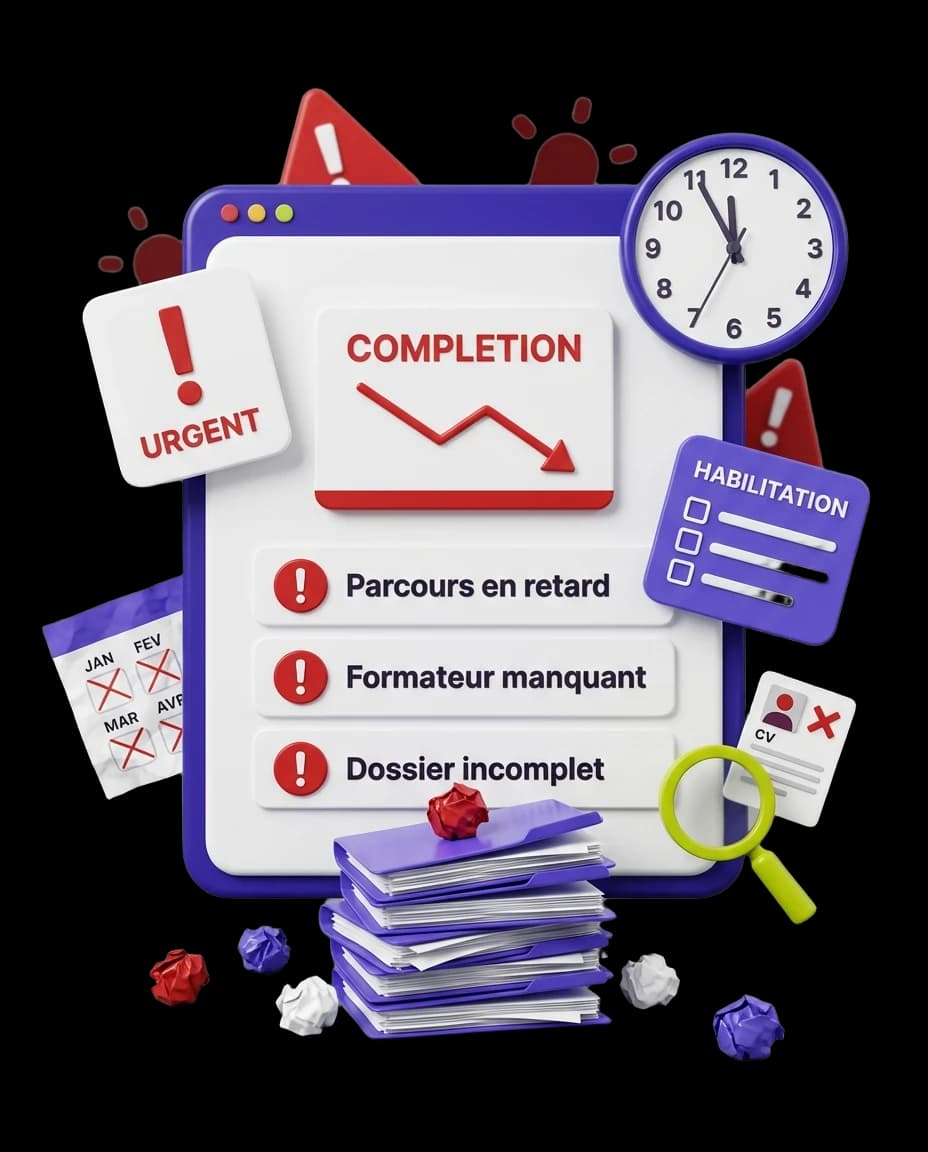 Dashboard SaaS montrant taux de completion en chute, alertes formateur manquant, dossier incomplet, parcours en retard